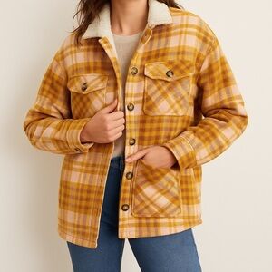 Aerie Sherpa-Lined Yellow/Carmel Plaid Oversized Shacket – Women’s Sz XS